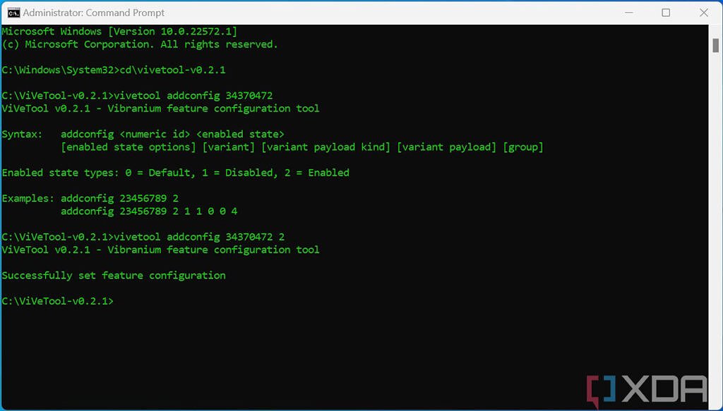 Screenshot of ViveTool enabling Windows feature