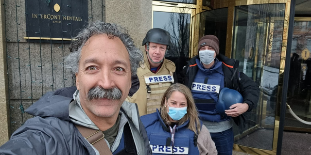 Fox News cameraman Pierre Zakrzewski, left, is photographed with correspondent Steve Harrigan, second from left, and senior field producers Yonat Frilling, second from right, and Ibrahim Hazboun, right, in Kyiv, Ukraine.