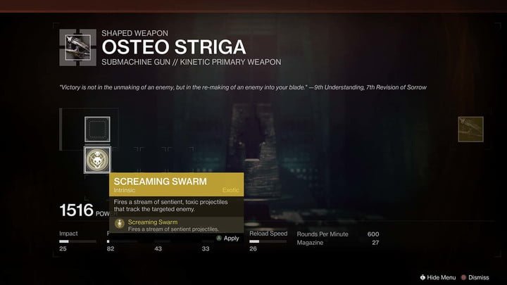 Crafting the Osteo Striga in Destiny 2.