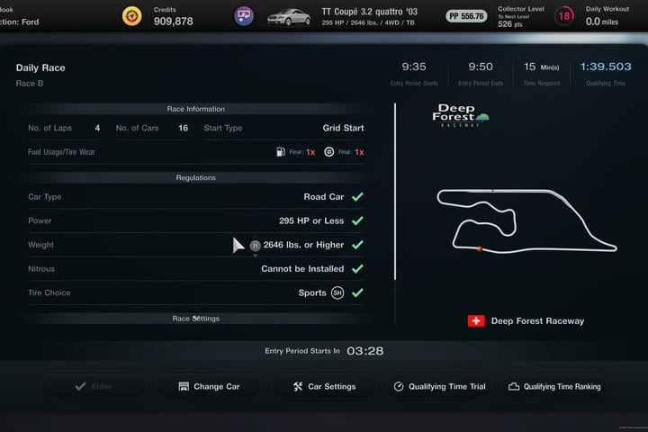 Car requirements for daily race B in Gran Turismo 7 Sport Mode. 