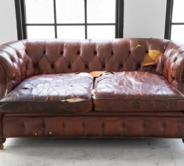 vintage style . Defective old leather sofa on white room