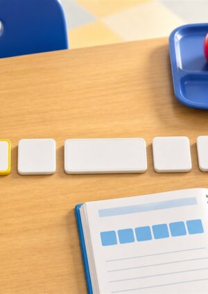 Blank word tiles arranged beside a school lunch tray and grammar workbook