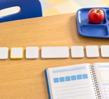 Blank word tiles arranged beside a school lunch tray and grammar workbook