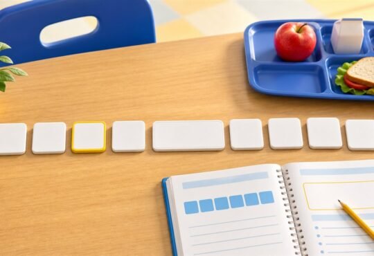 Blank word tiles arranged beside a school lunch tray and grammar workbook
