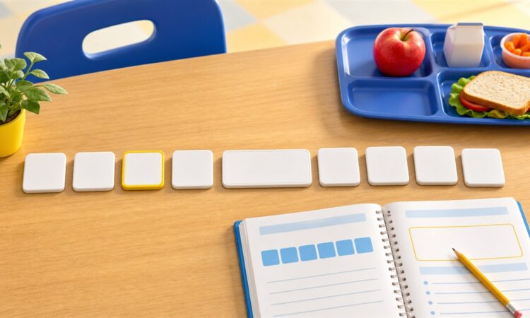 Blank word tiles arranged beside a school lunch tray and grammar workbook