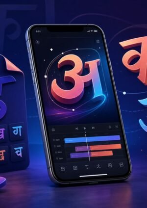 Smartphone motion graphics editor surrounded by colorful Devanagari letterforms