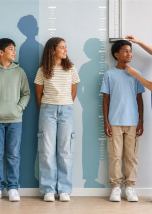 Health professional measuring one child beside a diverse group of early adolescents