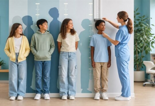 Health professional measuring one child beside a diverse group of early adolescents