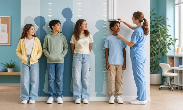 Health professional measuring one child beside a diverse group of early adolescents