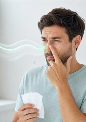 Adult touching the bridge of the nose with subtle scent waves in a bright room
