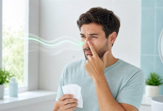 Adult touching the bridge of the nose with subtle scent waves in a bright room