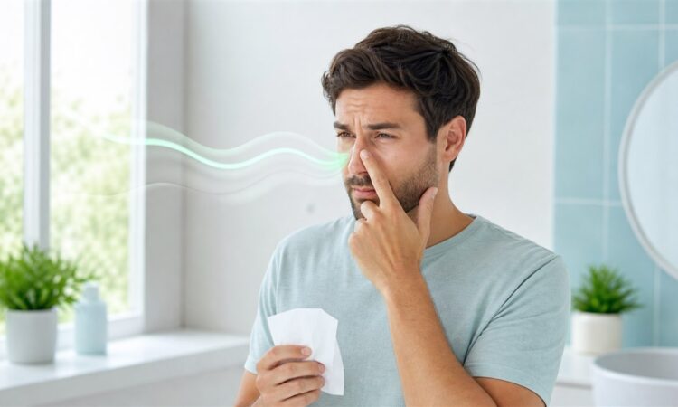 Adult touching the bridge of the nose with subtle scent waves in a bright room
