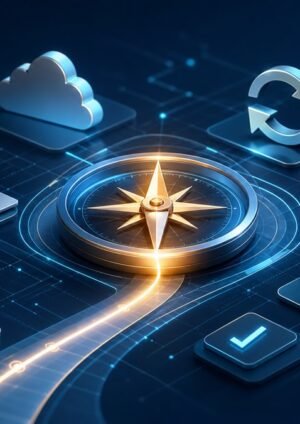 Digital compass guiding a path through laptop, cloud, security, update, and productivity symbols