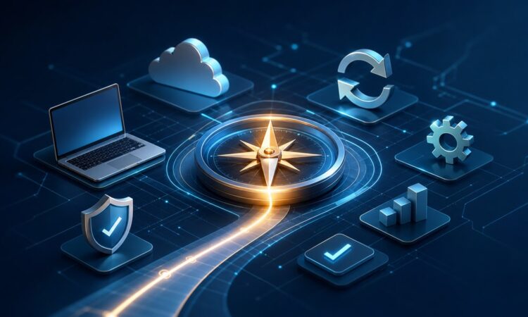 Digital compass guiding a path through laptop, cloud, security, update, and productivity symbols