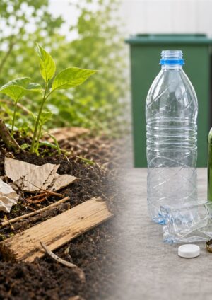 Food scraps and leaves returning to soil beside sorted plastic glass and metal