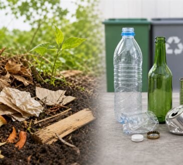 Food scraps and leaves returning to soil beside sorted plastic glass and metal