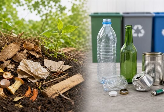 Food scraps and leaves returning to soil beside sorted plastic glass and metal