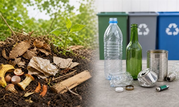 Food scraps and leaves returning to soil beside sorted plastic glass and metal