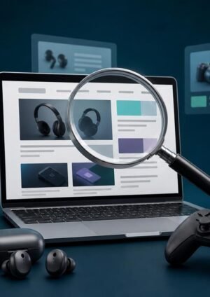 Laptop with gadget article cards surrounded by consumer devices and a magnifying glass