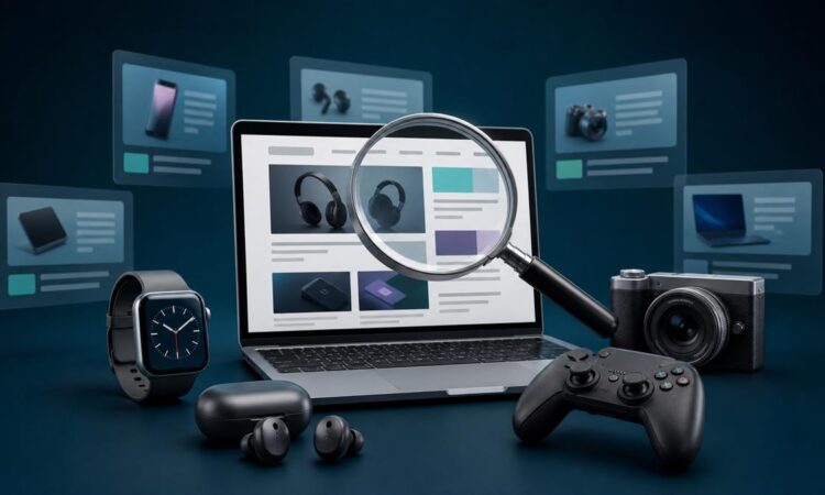 Laptop with gadget article cards surrounded by consumer devices and a magnifying glass