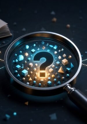 Magnifying glass focusing on an unresolved question among dictionary, globe, and verification symbols