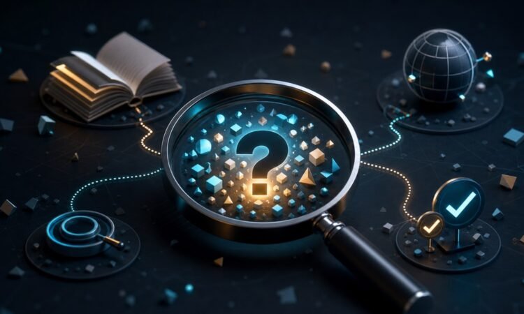 Magnifying glass focusing on an unresolved question among dictionary, globe, and verification symbols