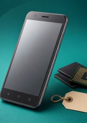 Generic budget smartphone beside memory chips and a blank price tag