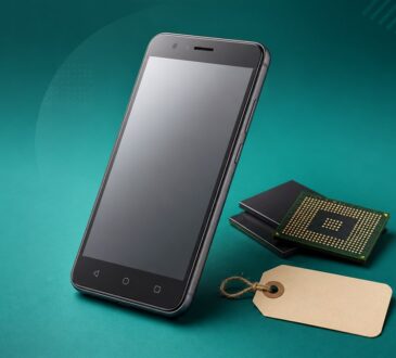 Generic budget smartphone beside memory chips and a blank price tag