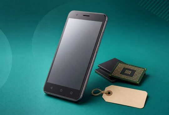Generic budget smartphone beside memory chips and a blank price tag