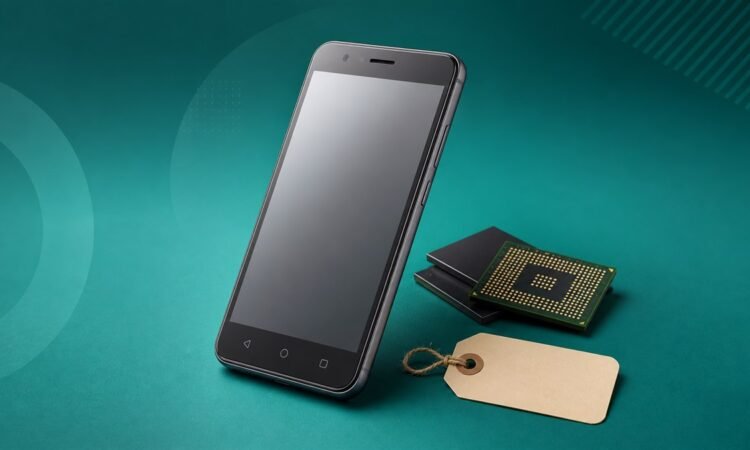 Generic budget smartphone beside memory chips and a blank price tag