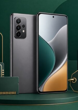 Generic smartphone with memory chips and a price tag on a green studio background