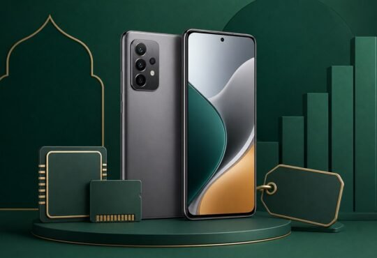Generic smartphone with memory chips and a price tag on a green studio background