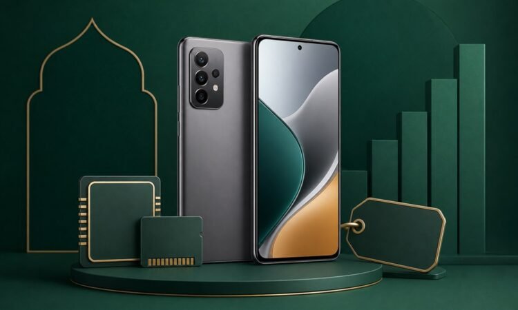 Generic smartphone with memory chips and a price tag on a green studio background