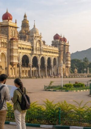 Two travelers reading a map outside grand Mysuru palace architecture