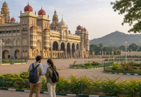 Two travelers reading a map outside grand Mysuru palace architecture