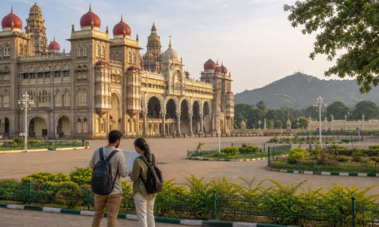 Two travelers reading a map outside grand Mysuru palace architecture