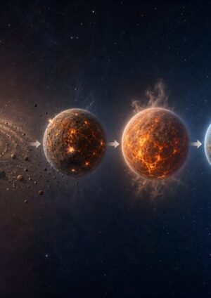 Scientific sequence showing a solar disk and the evolution of early Earth