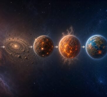 Scientific sequence showing a solar disk and the evolution of early Earth