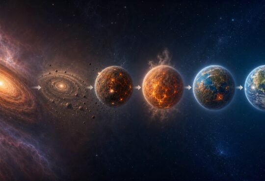 Scientific sequence showing a solar disk and the evolution of early Earth