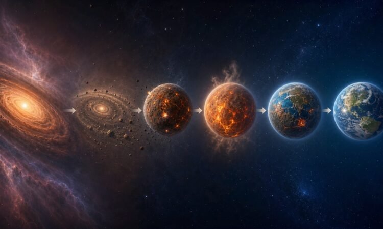 Scientific sequence showing a solar disk and the evolution of early Earth