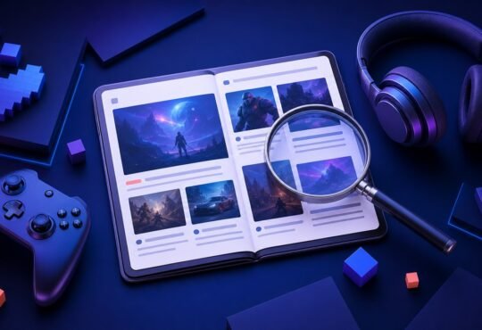 Magnifying glass examining a digital gaming magazine beside a controller and headphones
