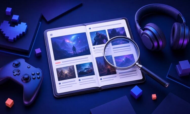 Magnifying glass examining a digital gaming magazine beside a controller and headphones