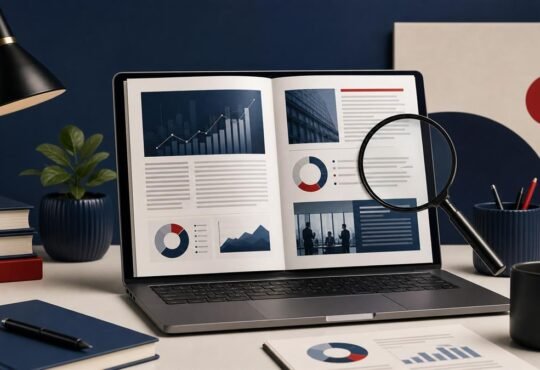 Laptop displaying a business magazine layout beside a magnifying glass