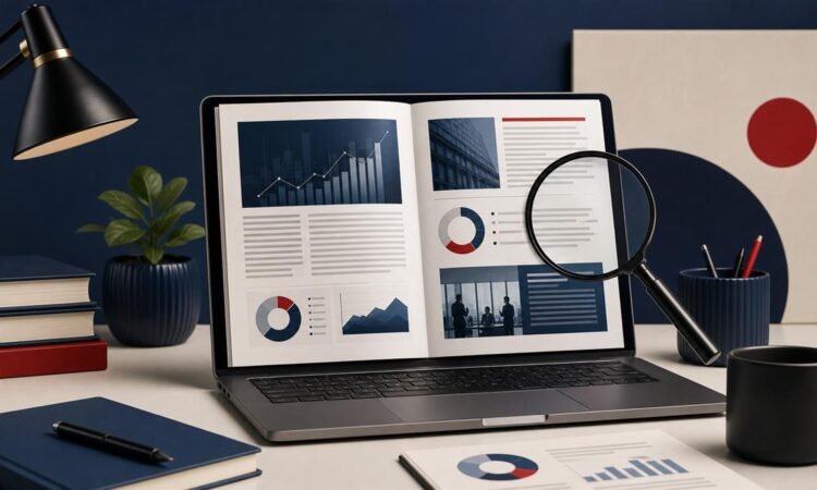 Laptop displaying a business magazine layout beside a magnifying glass