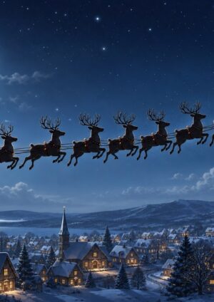 Nine reindeer pulling a sleigh above a snowy village at night