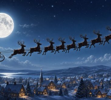 Nine reindeer pulling a sleigh above a snowy village at night