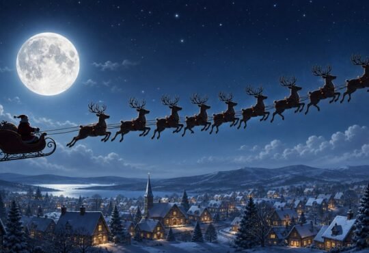 Nine reindeer pulling a sleigh above a snowy village at night