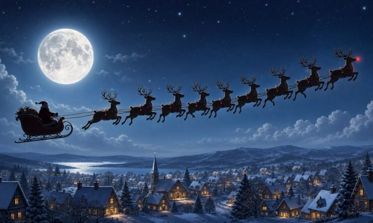 Nine reindeer pulling a sleigh above a snowy village at night