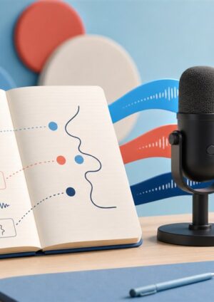 Language-learning notebook and microphone with colored sound waves