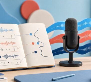 Language-learning notebook and microphone with colored sound waves